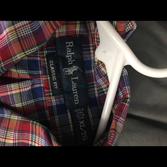 Red patterned button down shirt. - Picture 2 of 3